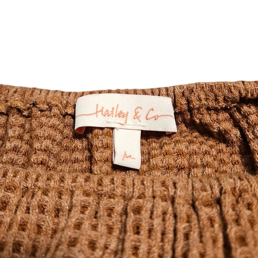 Hailey & Co Wmns M Waffle Knit Blouse Tan Boho Peasant Ruffle Bishop Sleeve USA - Picture 7 of 12